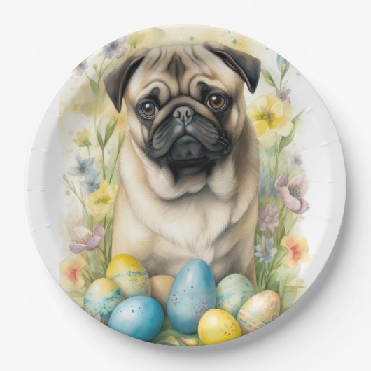 Mops Hund mit Ostereiern Urlaub Pappteller (Vorderseite)
