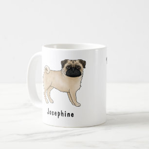 Mops-Hund mit Reh-Fellfarbe, süßer Cartoon-Hund mi Kaffeetasse