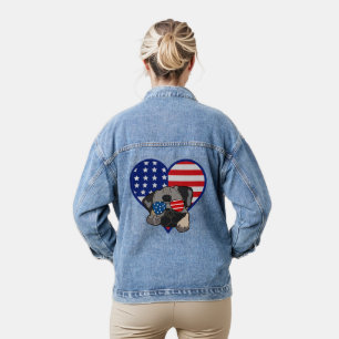 Mops-Hund mit Sonnenbrille USA-Flagge Herz Damen Jeansjacke