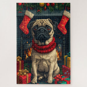 Mops-Hund mit Weihnachtsgeschenken am Kamin  Puzzle