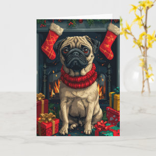 Mops Hund mit Weihnachtsgeschenken Feuerplatz Karte