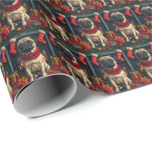 Mops Hund mit Weihnachtsgeschenken Kamin  Geschenkpapier