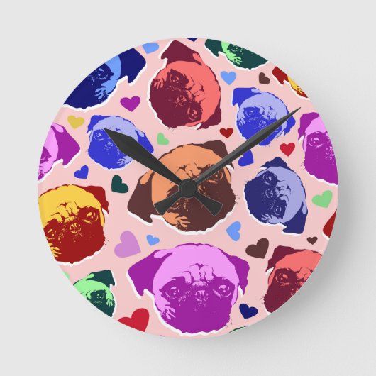 Mops-Hund Retro PopArt-Stil Runde Wanduhr (Vorderseite)