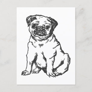 Mops-Hund, schwarz-weiße Illustration Postkarte