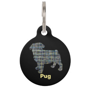 Mops Hund Silhouette Gelb & Blau Gitter Linien Haustiermarke