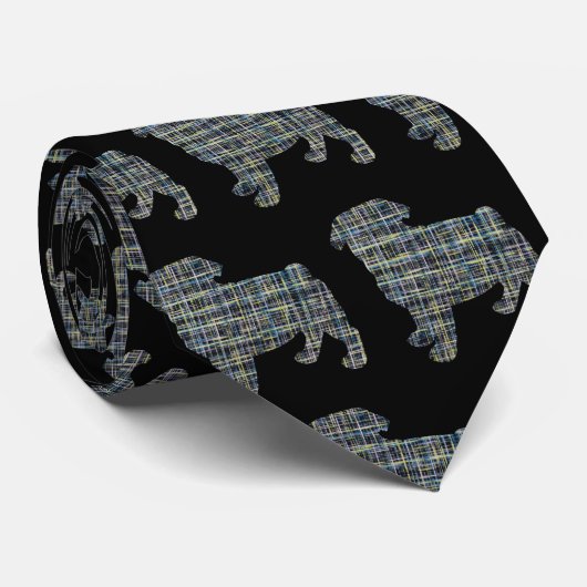 Mops Hund Silhouette Gelb & Blau Gitter Schwarz Krawatte (Gerollt)