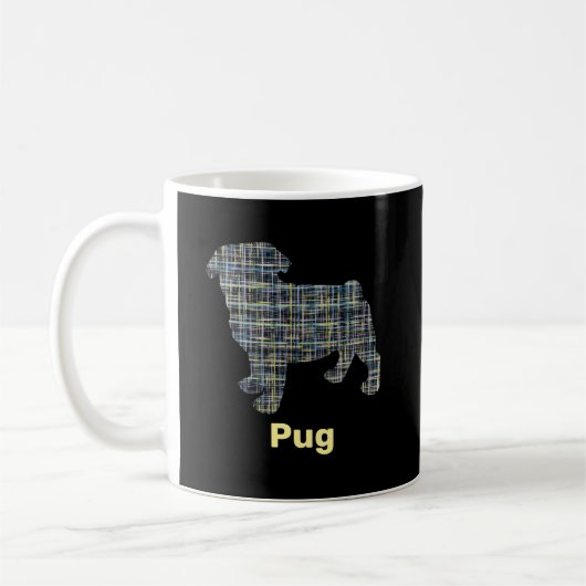 Mops Hund Silhouette Gelb & Blau Grid Kaffeetasse (Links)