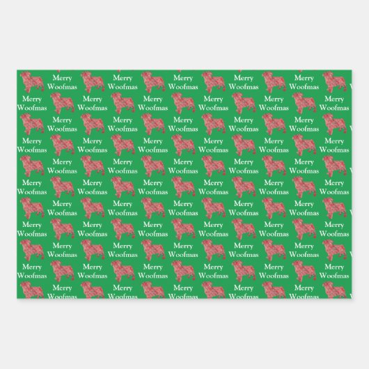 Mops Hund Silhouette Grün Merry Woofmas Geschenkpapier Set (Vorderseite)