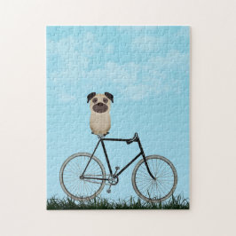 Mops Hund sitzen auf dem Vintagen Rad Jigsaw Puzzl Puzzle