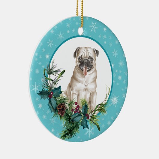 Mops Hund Snowflake Blue Frame Holiday Bouquet Keramik Ornament (Rechts)