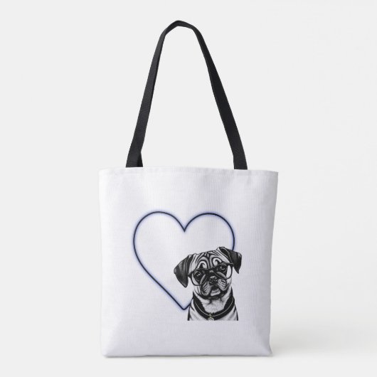 Mops Hund tragen Brille Blue Heart Design Tote Bag Tasche (Rückseite)