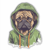 Mops Hund trägt grüne Hoodie Aufkleber (Vorderseite)