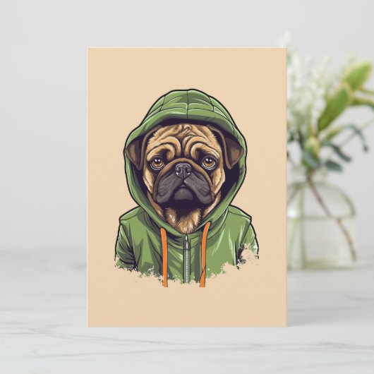 Mops Hund trägt grüne Hoodie Feiertagskarte (Stehend Vorderseite)
