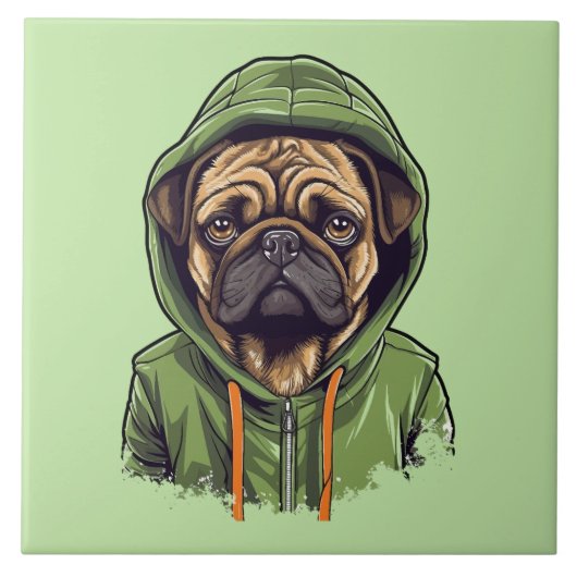 Mops Hund trägt grüne Hoodie Fliese (Vorderseite)