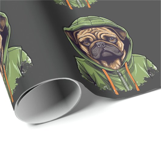 Mops Hund trägt grüne Hoodie Geschenkpapier (Rolleneckpunkt)