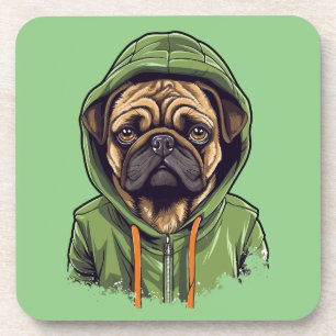 Mops Hund trägt grüne Hoodie Getränkeuntersetzer
