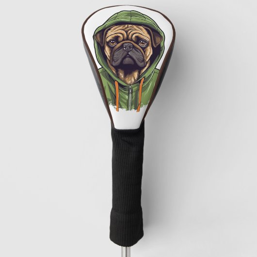 Mops Hund trägt grüne Hoodie Golf Headcover (Vorderseite)