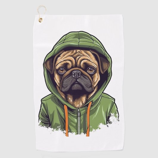 Mops Hund trägt grüne Hoodie Golfhandtuch (Vorderseite)