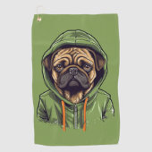 Mops Hund trägt grüne Hoodie Golfhandtuch (Vorderseite)
