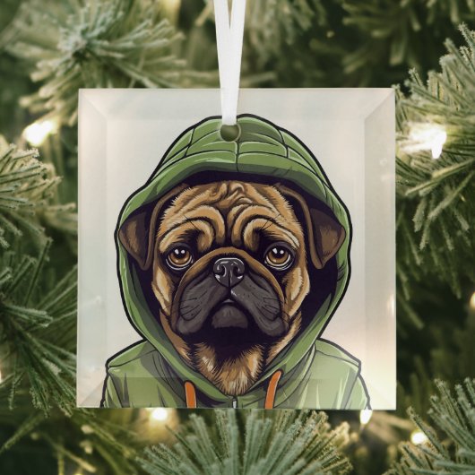Mops Hund trägt grüne Hoodie Ornament Aus Glas (Insitu)