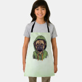 Mops Hund trägt grüne Hoodie Schürze (Insitu)