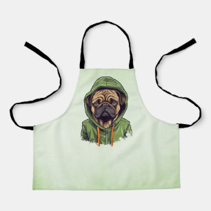 Mops Hund trägt grüne Hoodie Schürze