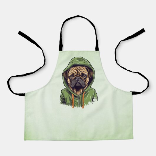 Mops Hund trägt grüne Hoodie Schürze (Vorderseite)