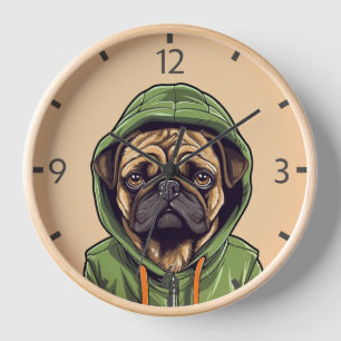 Mops Hund trägt grüne Hoodie Uhr