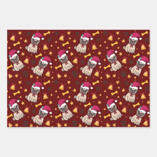 Mops Hund und Weihnachtsmannmütze Weihnachten Geschenkpapier Set (Vorderseite 3)