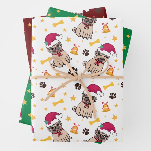 Mops Hund und Weihnachtsmannmütze Weihnachten Geschenkpapier Set (Beispiel)