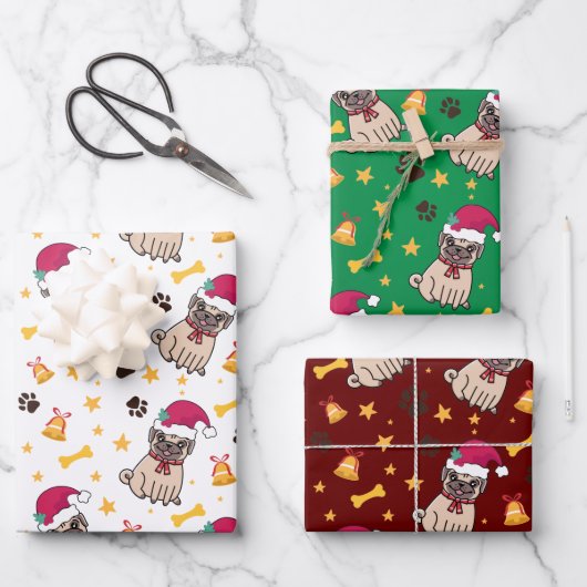 Mops Hund und Weihnachtsmannmütze Weihnachten Geschenkpapier Set (Vorderseite)