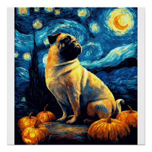 Mops Hund von Van Gogh Sternennacht Halloween Lust Poster