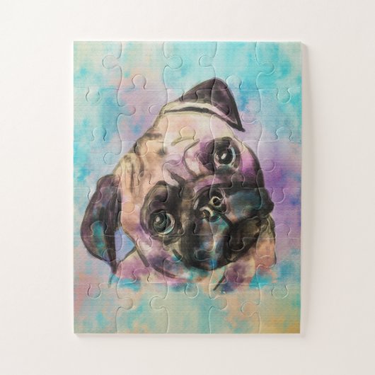 Mops-Hund Wasserfarben-Portrait Puzzle (Vertikal)