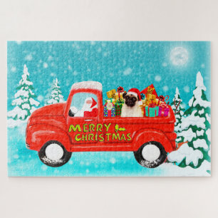 Mops-Hund-Weihnachten-Santa-Lieferwagen Puzzle