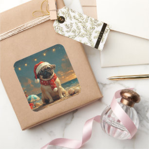 Mops-Hund Weihnachten Vintage Strand Quadratischer Aufkleber