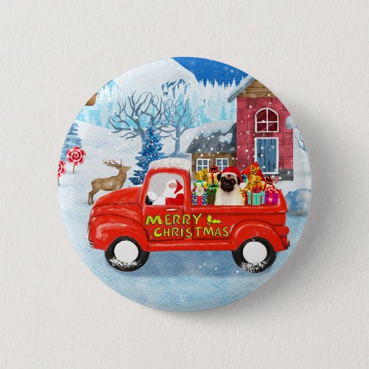 Mops Hund Weihnachtslieferung LKW Schnee Button (Vorderseite)