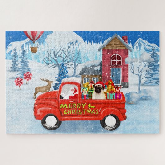 Mops Hund Weihnachtslieferung LKW Schnee Puzzle (Horizontal)