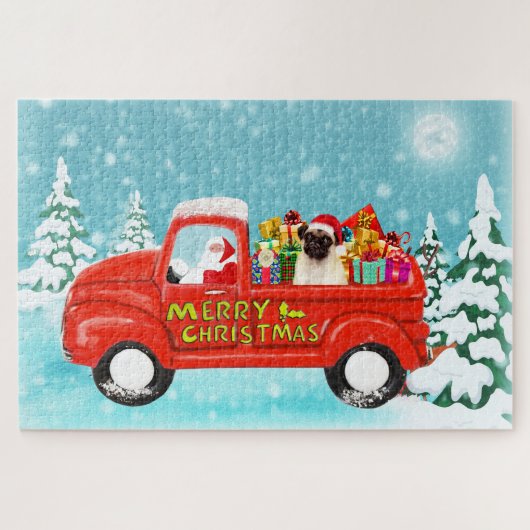 Mops Hund Weihnachtsmann Lieferwagen Puzzle (Horizontal)