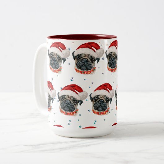 Mops Hund züchten Weihnachtsstars Zweifarbige Tasse (Vorderseite Links)