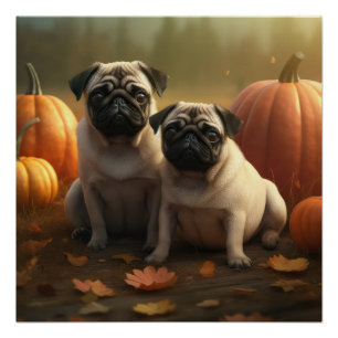 Mops-Hündchen Herbstfreude Kürbis Poster