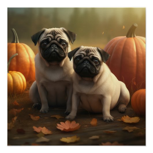 Mops-Hündchen Herbstfreude Kürbis Poster (Vorderseite)