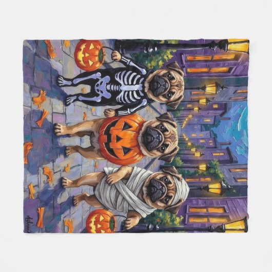 Mops Hunde Trick-oder-Treating in Halloween-Kostüm Fleecedecke (Vorderseite (Horizontal))