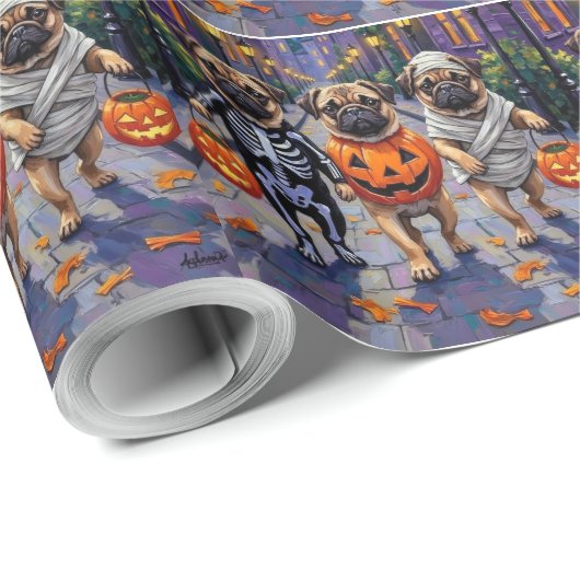 Mops Hunde Trick-oder-Treating in Halloween-Kostüm Geschenkpapier (Rolleneckpunkt)