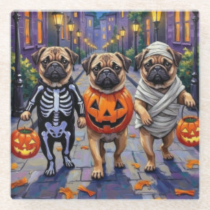 Mops Hunde Trick-oder-Treating in Halloween-Kostüm Glasuntersetzer