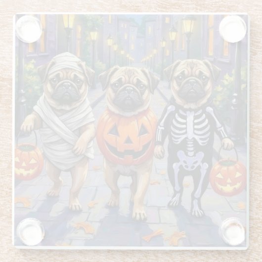 Mops Hunde Trick-oder-Treating in Halloween-Kostüm Glasuntersetzer (Rückseite)