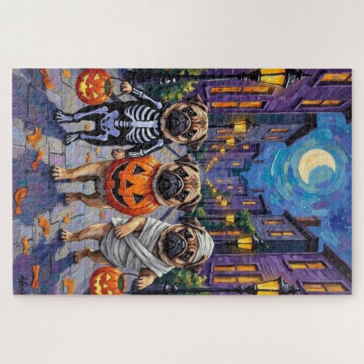 Mops Hunde Trick-oder-Treating in Halloween-Kostüm Puzzle (Horizontal)