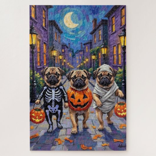 Mops Hunde Trick-oder-Treating in Halloween-Kostüm Puzzle (Vertikal)