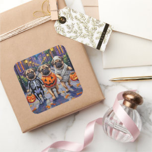 Mops Hunde Trick-oder-Treating in Halloween-Kostüm Quadratischer Aufkleber
