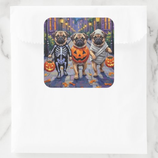Mops Hunde Trick-oder-Treating in Halloween-Kostüm Quadratischer Aufkleber (Tasche)