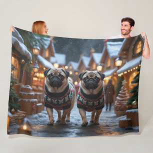 Mops-Hunde Weihnachten Schnee Urlaub Fleecedecke
